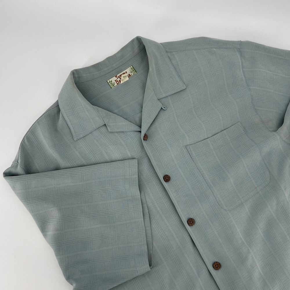 Tommy Bahama Mens Large 100% Silk Camp Shirt Blue-Green Grid Palm Tree